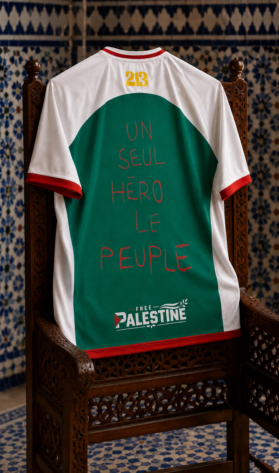 Inscription « Un seul héros, le peuple » au dos du maillot